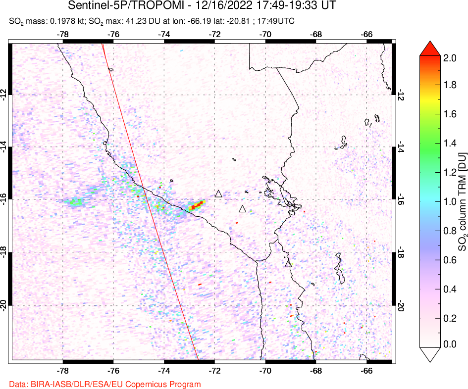 A sulfur dioxide image over Peru on Dec 16, 2022.