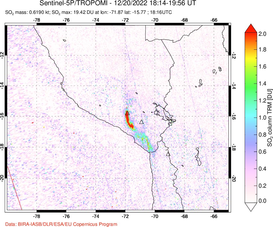 A sulfur dioxide image over Peru on Dec 20, 2022.