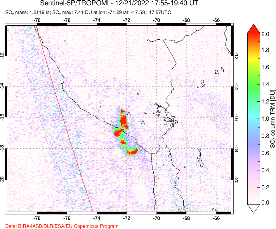 A sulfur dioxide image over Peru on Dec 21, 2022.