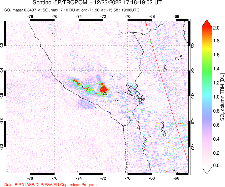 A sulfur dioxide image over Peru on Dec 23, 2022.