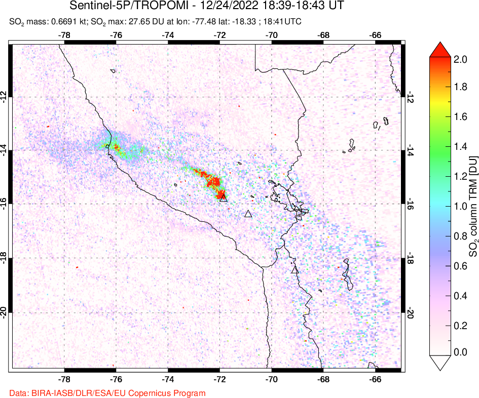 A sulfur dioxide image over Peru on Dec 24, 2022.