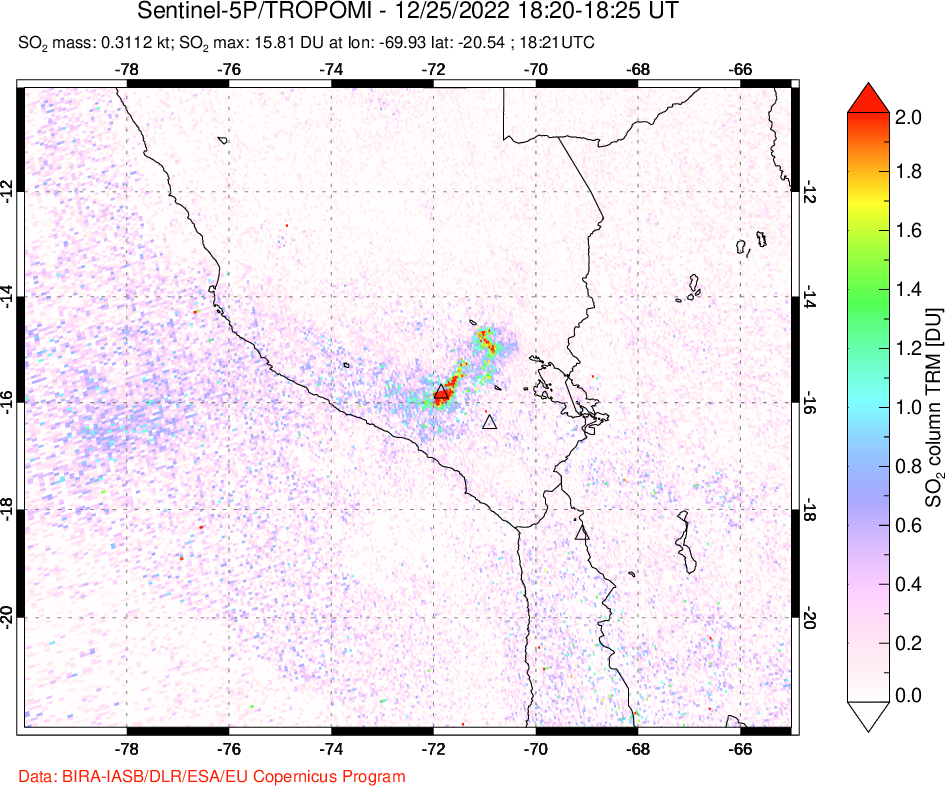 A sulfur dioxide image over Peru on Dec 25, 2022.
