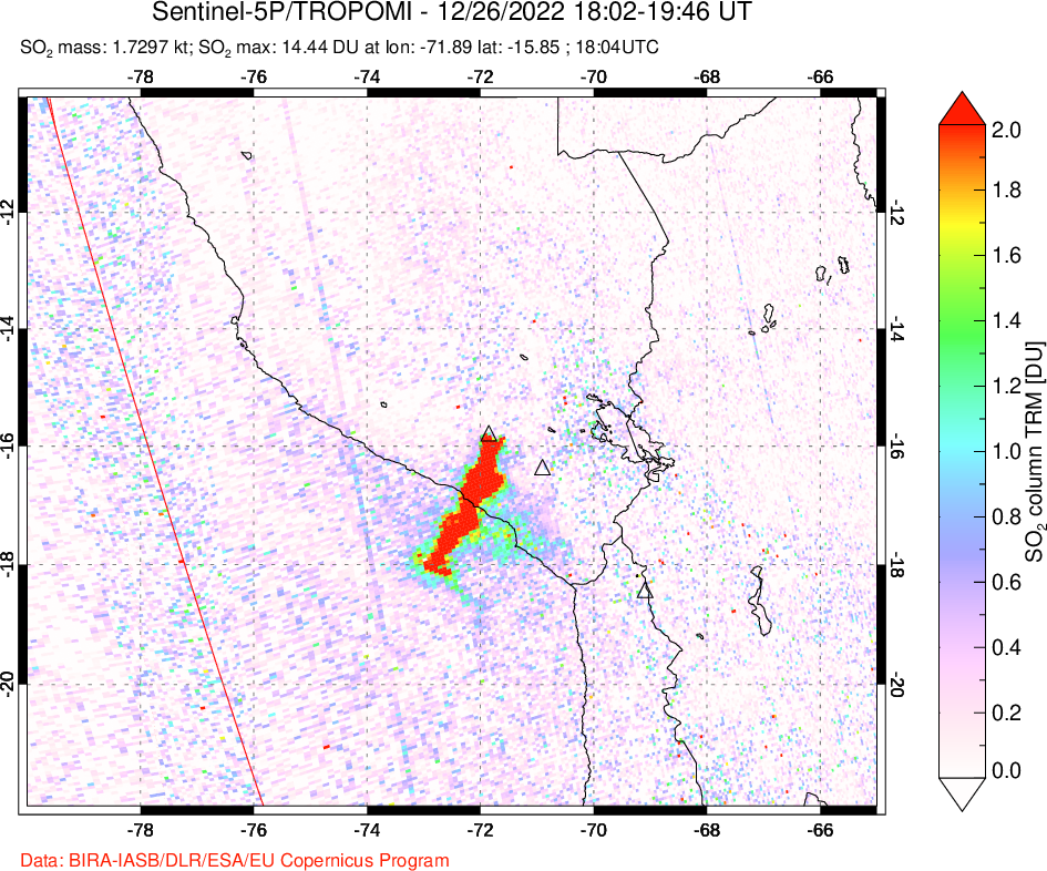 A sulfur dioxide image over Peru on Dec 26, 2022.
