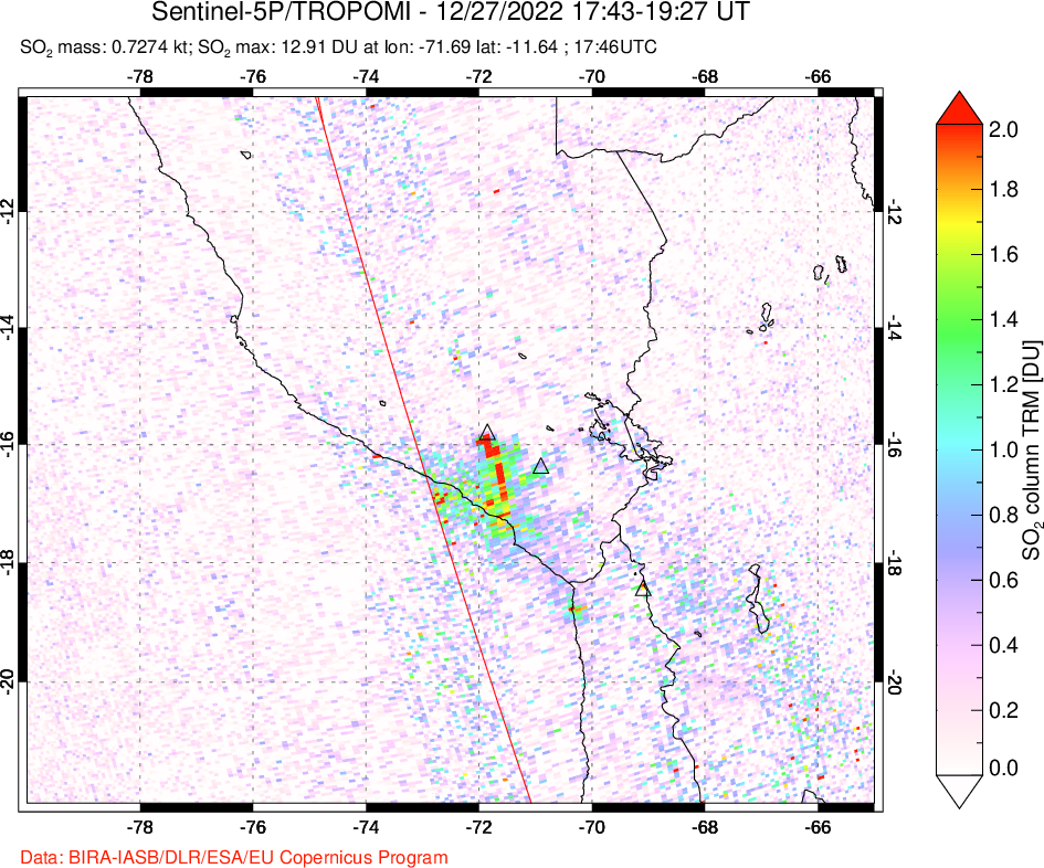 A sulfur dioxide image over Peru on Dec 27, 2022.