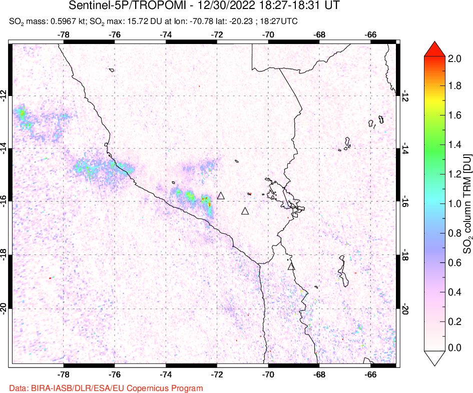 A sulfur dioxide image over Peru on Dec 30, 2022.
