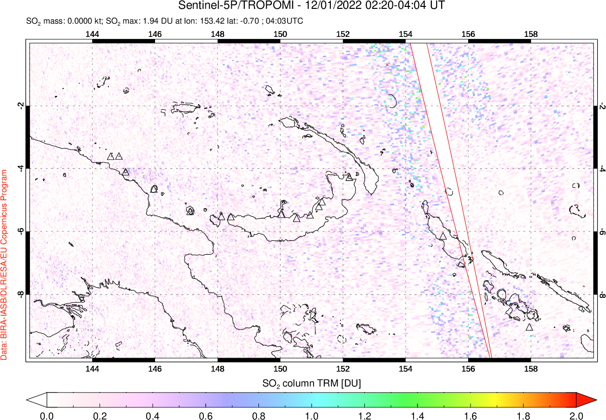 A sulfur dioxide image over Papua, New Guinea on Dec 01, 2022.