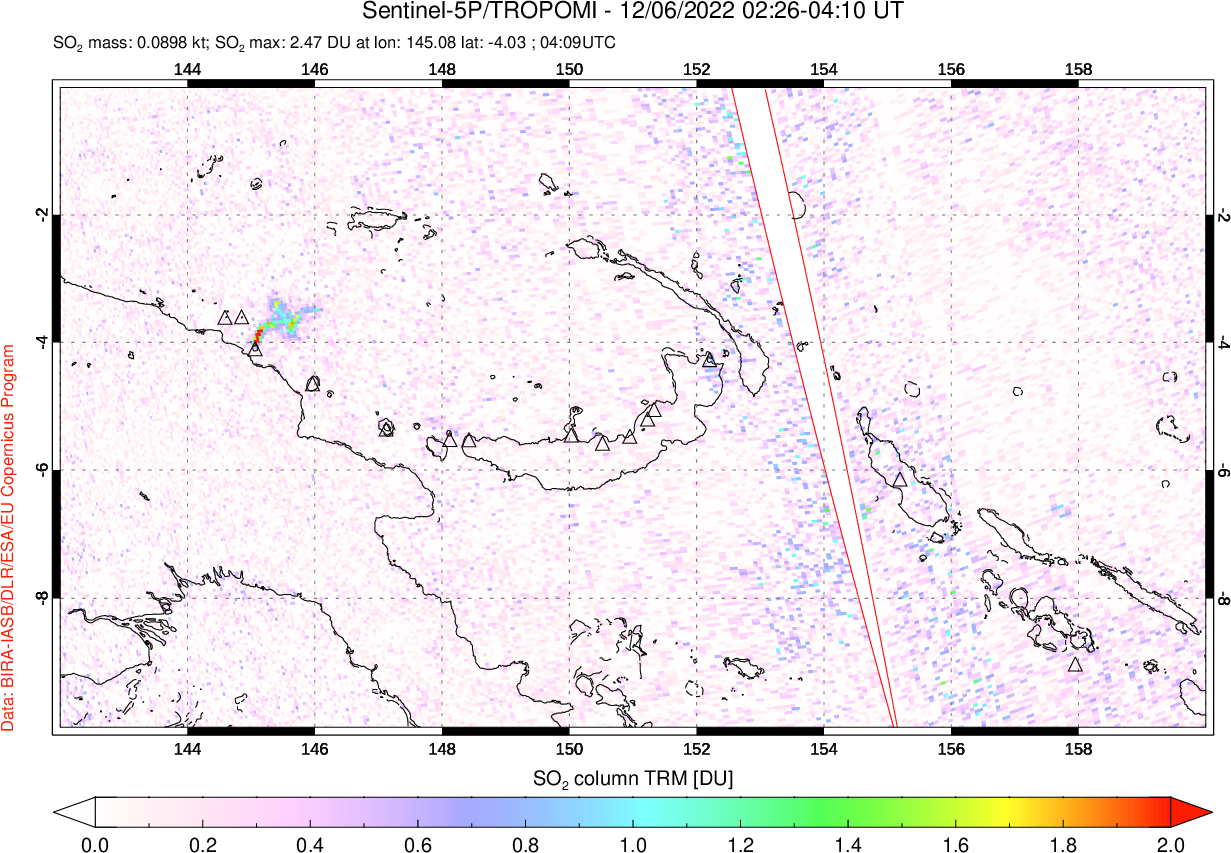 A sulfur dioxide image over Papua, New Guinea on Dec 06, 2022.