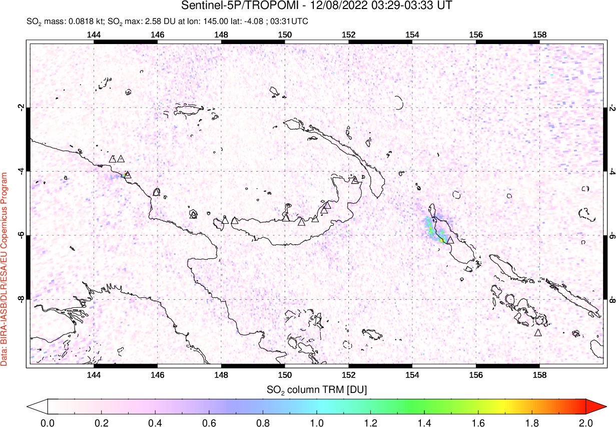 A sulfur dioxide image over Papua, New Guinea on Dec 08, 2022.