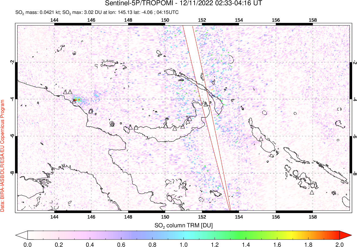 A sulfur dioxide image over Papua, New Guinea on Dec 11, 2022.