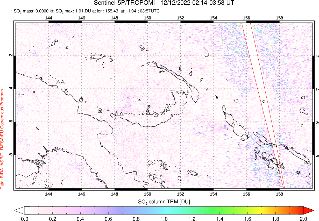 A sulfur dioxide image over Papua, New Guinea on Dec 12, 2022.
