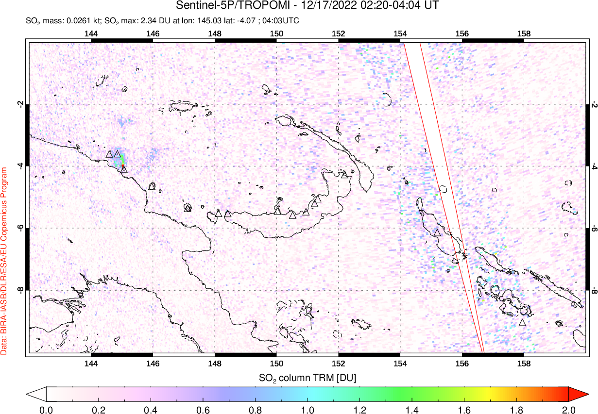 A sulfur dioxide image over Papua, New Guinea on Dec 17, 2022.