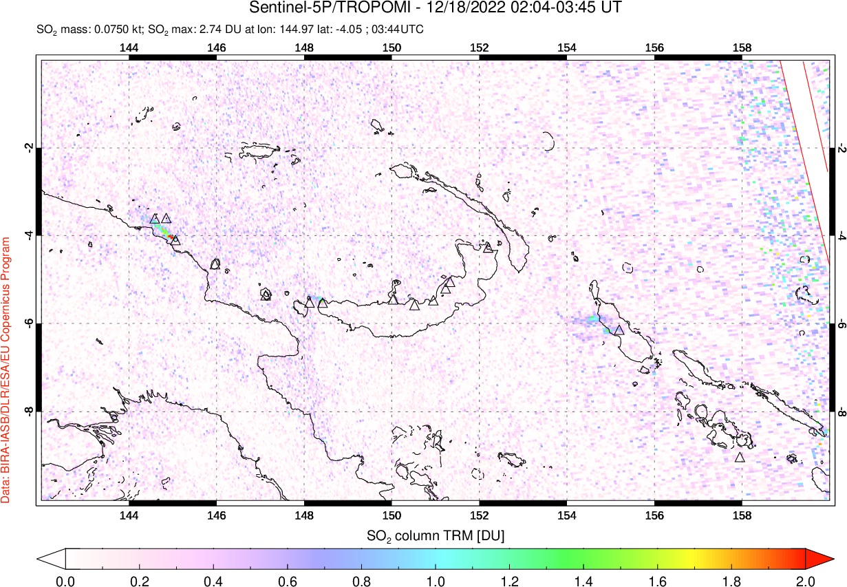 A sulfur dioxide image over Papua, New Guinea on Dec 18, 2022.