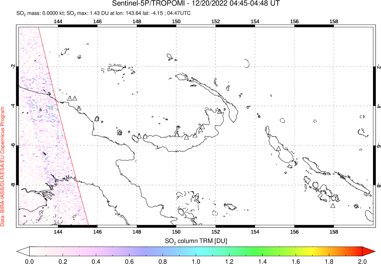 A sulfur dioxide image over Papua, New Guinea on Dec 20, 2022.
