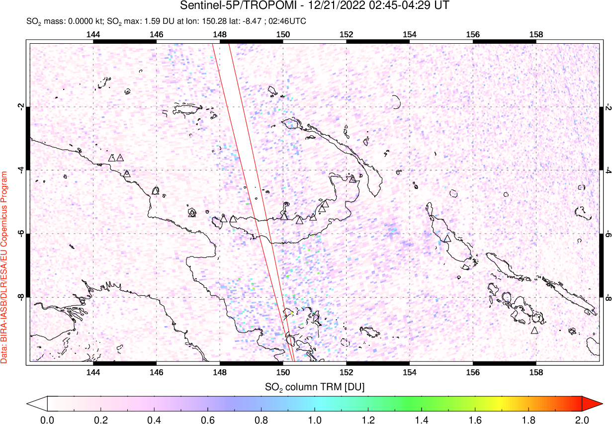 A sulfur dioxide image over Papua, New Guinea on Dec 21, 2022.