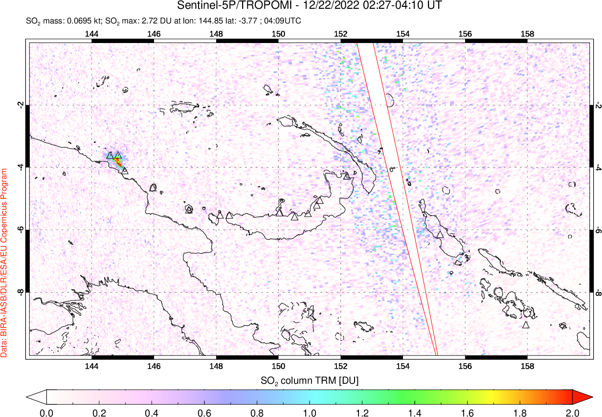A sulfur dioxide image over Papua, New Guinea on Dec 22, 2022.