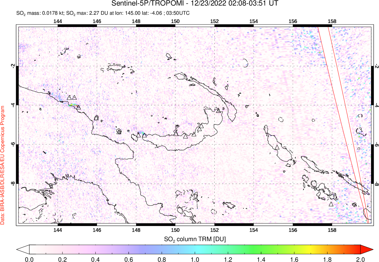 A sulfur dioxide image over Papua, New Guinea on Dec 23, 2022.