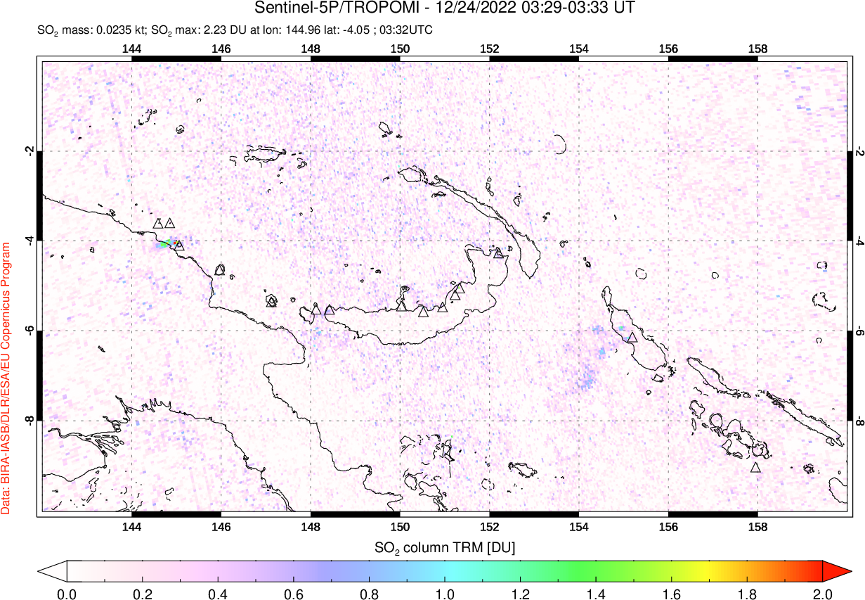 A sulfur dioxide image over Papua, New Guinea on Dec 24, 2022.