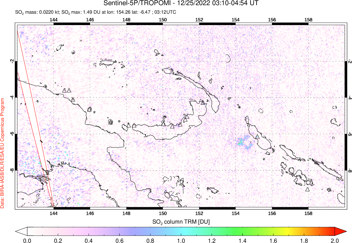 A sulfur dioxide image over Papua, New Guinea on Dec 25, 2022.
