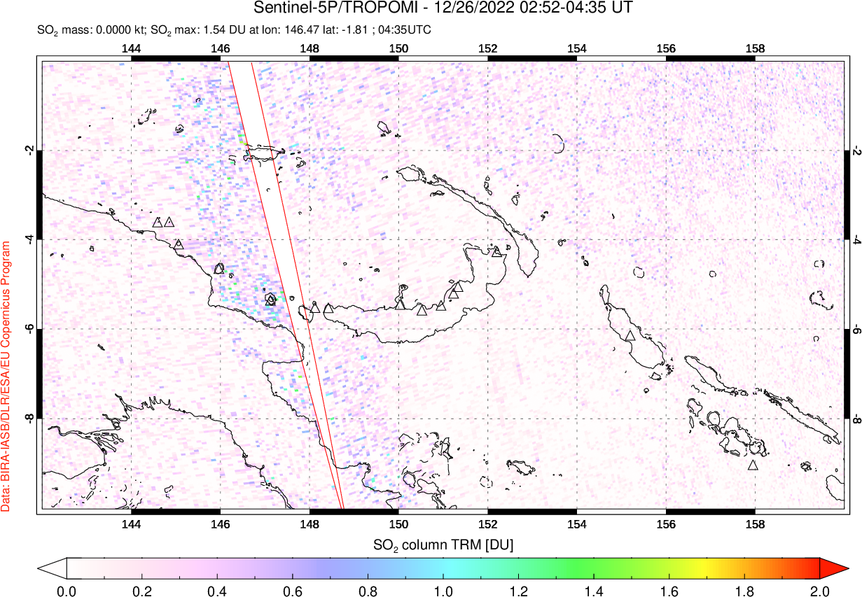 A sulfur dioxide image over Papua, New Guinea on Dec 26, 2022.