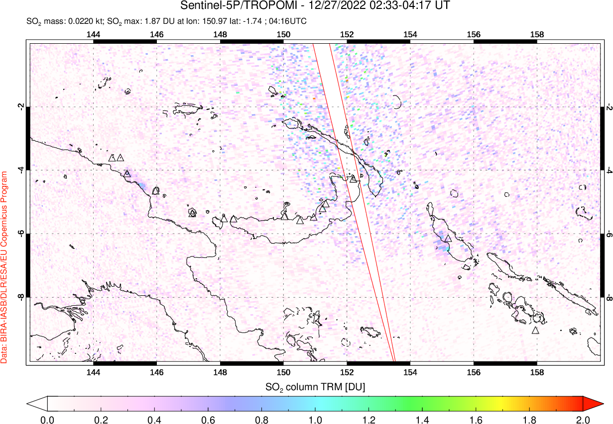 A sulfur dioxide image over Papua, New Guinea on Dec 27, 2022.