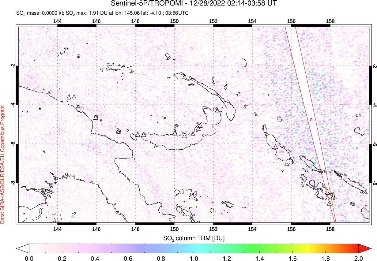 A sulfur dioxide image over Papua, New Guinea on Dec 28, 2022.