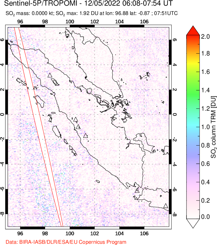 A sulfur dioxide image over Sumatra, Indonesia on Dec 05, 2022.