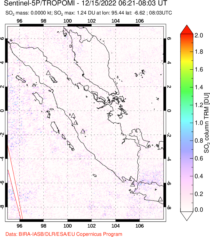 A sulfur dioxide image over Sumatra, Indonesia on Dec 15, 2022.