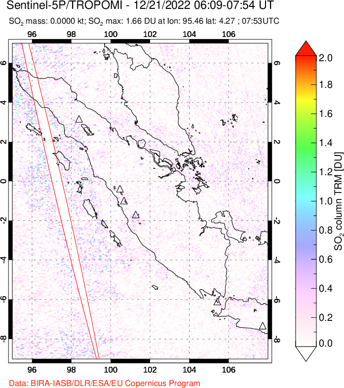 A sulfur dioxide image over Sumatra, Indonesia on Dec 21, 2022.