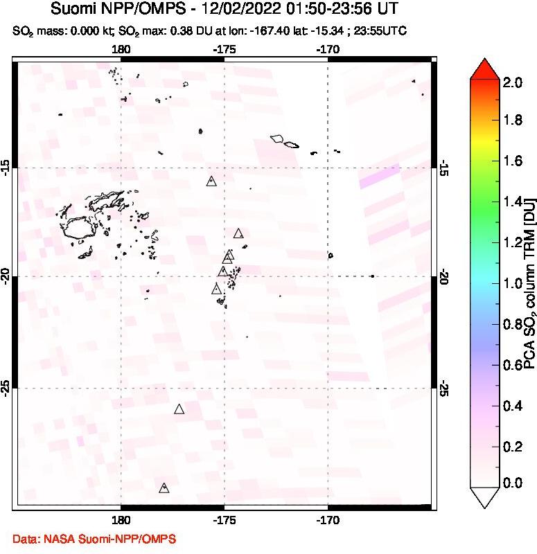 A sulfur dioxide image over Tonga, South Pacific on Dec 02, 2022.