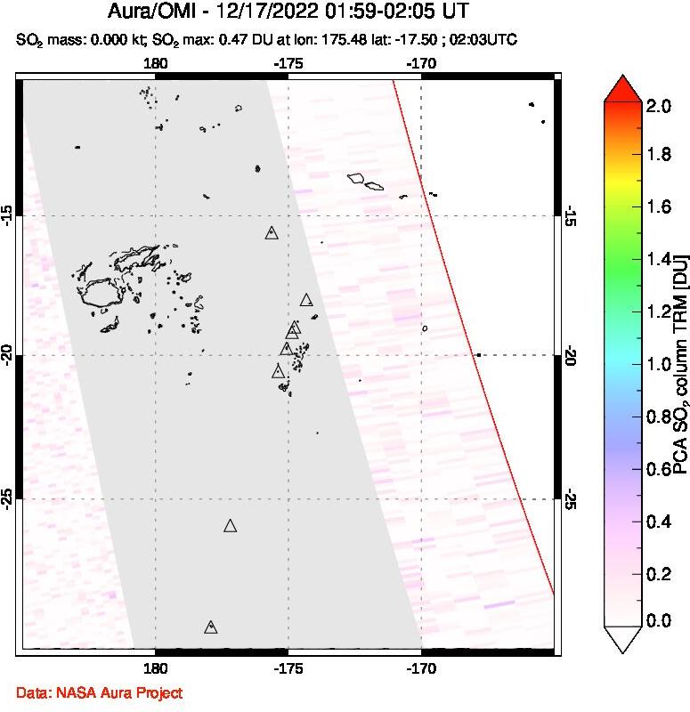 A sulfur dioxide image over Tonga, South Pacific on Dec 17, 2022.