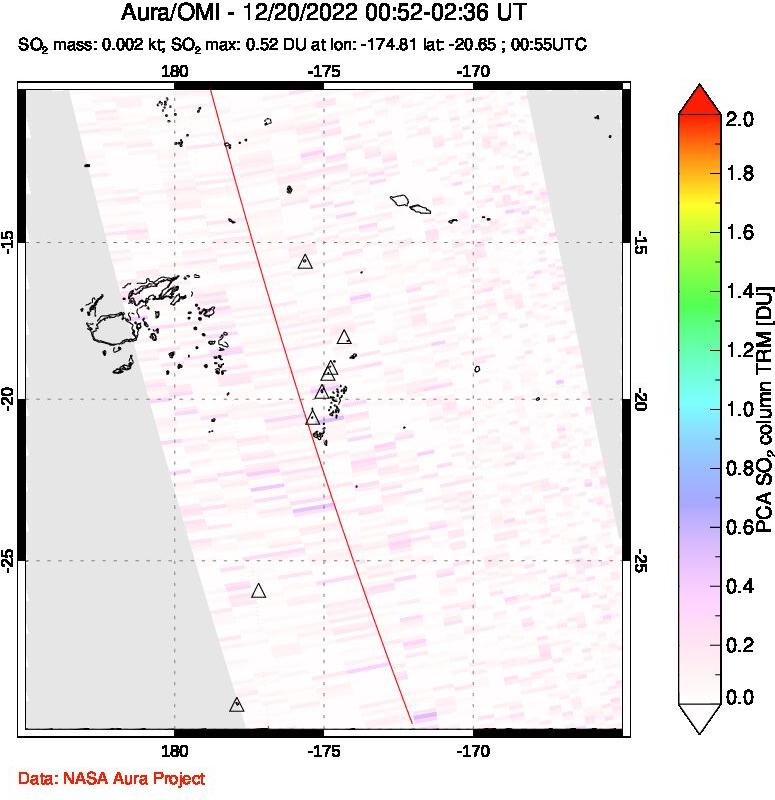 A sulfur dioxide image over Tonga, South Pacific on Dec 20, 2022.