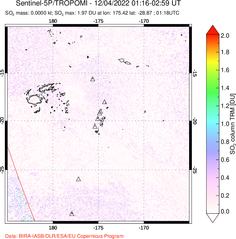 A sulfur dioxide image over Tonga, South Pacific on Dec 04, 2022.