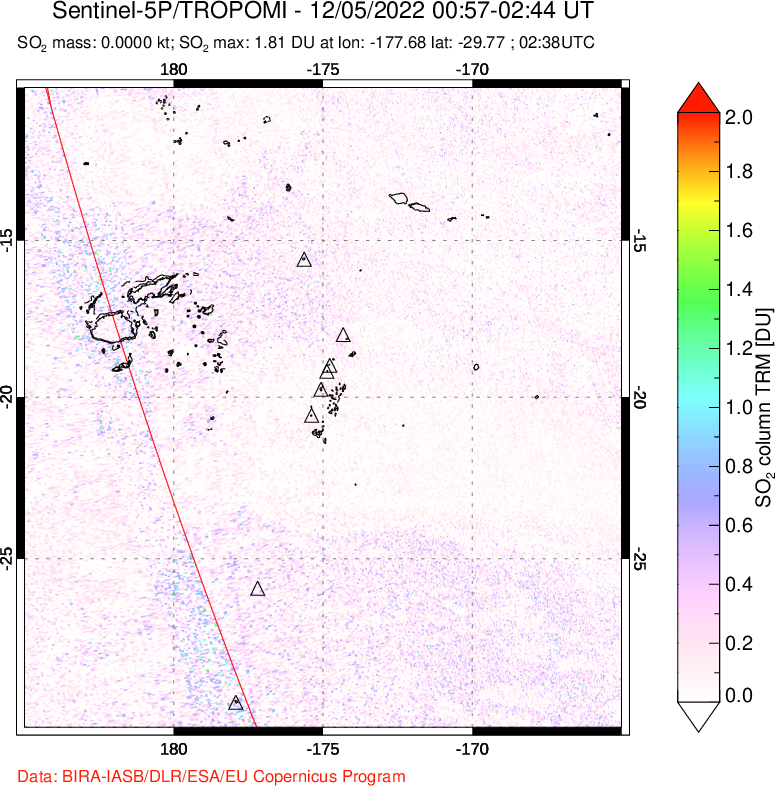 A sulfur dioxide image over Tonga, South Pacific on Dec 05, 2022.