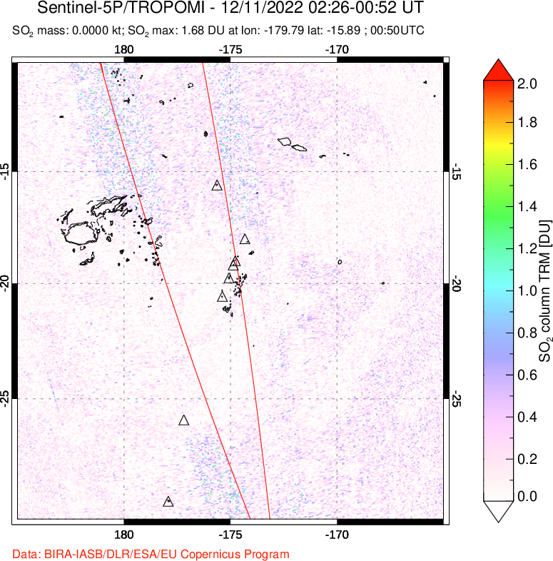 A sulfur dioxide image over Tonga, South Pacific on Dec 11, 2022.