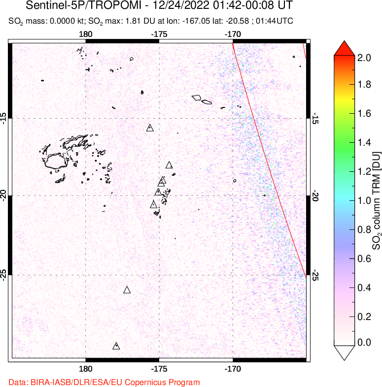A sulfur dioxide image over Tonga, South Pacific on Dec 24, 2022.