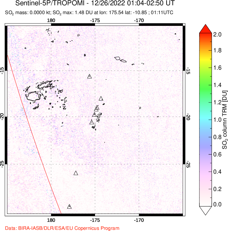A sulfur dioxide image over Tonga, South Pacific on Dec 26, 2022.
