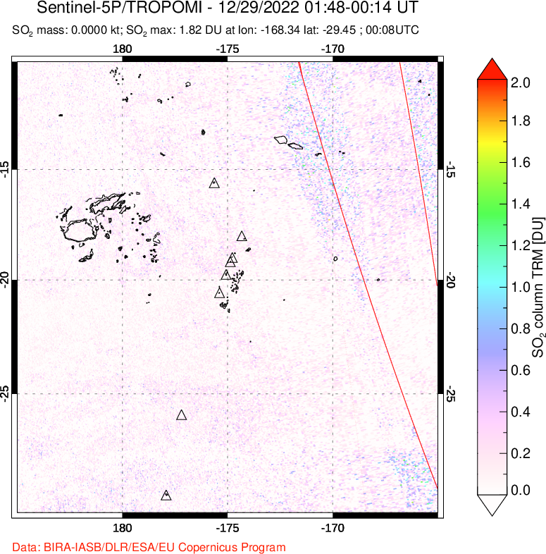 A sulfur dioxide image over Tonga, South Pacific on Dec 29, 2022.