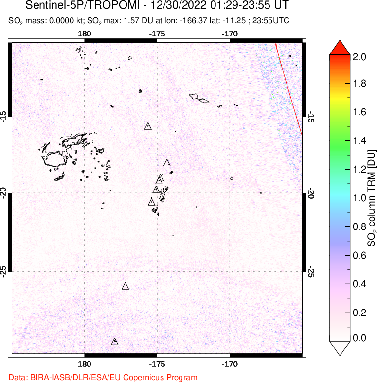 A sulfur dioxide image over Tonga, South Pacific on Dec 30, 2022.