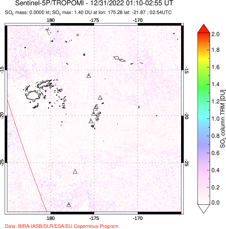 A sulfur dioxide image over Tonga, South Pacific on Dec 31, 2022.