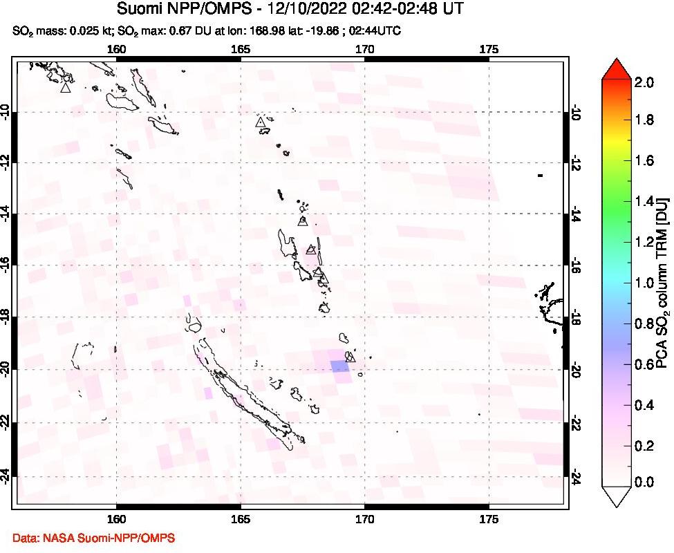 A sulfur dioxide image over Vanuatu, South Pacific on Dec 10, 2022.