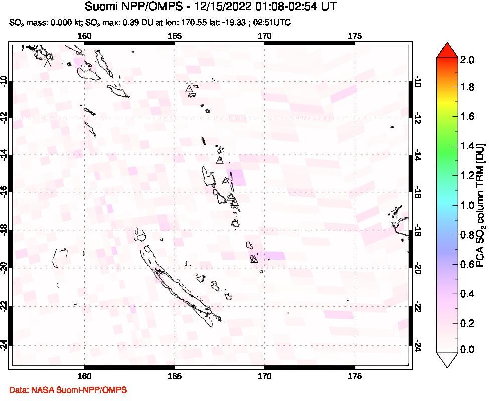 A sulfur dioxide image over Vanuatu, South Pacific on Dec 15, 2022.