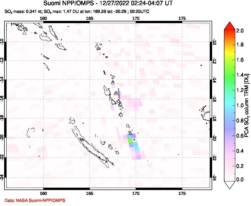 A sulfur dioxide image over Vanuatu, South Pacific on Dec 27, 2022.