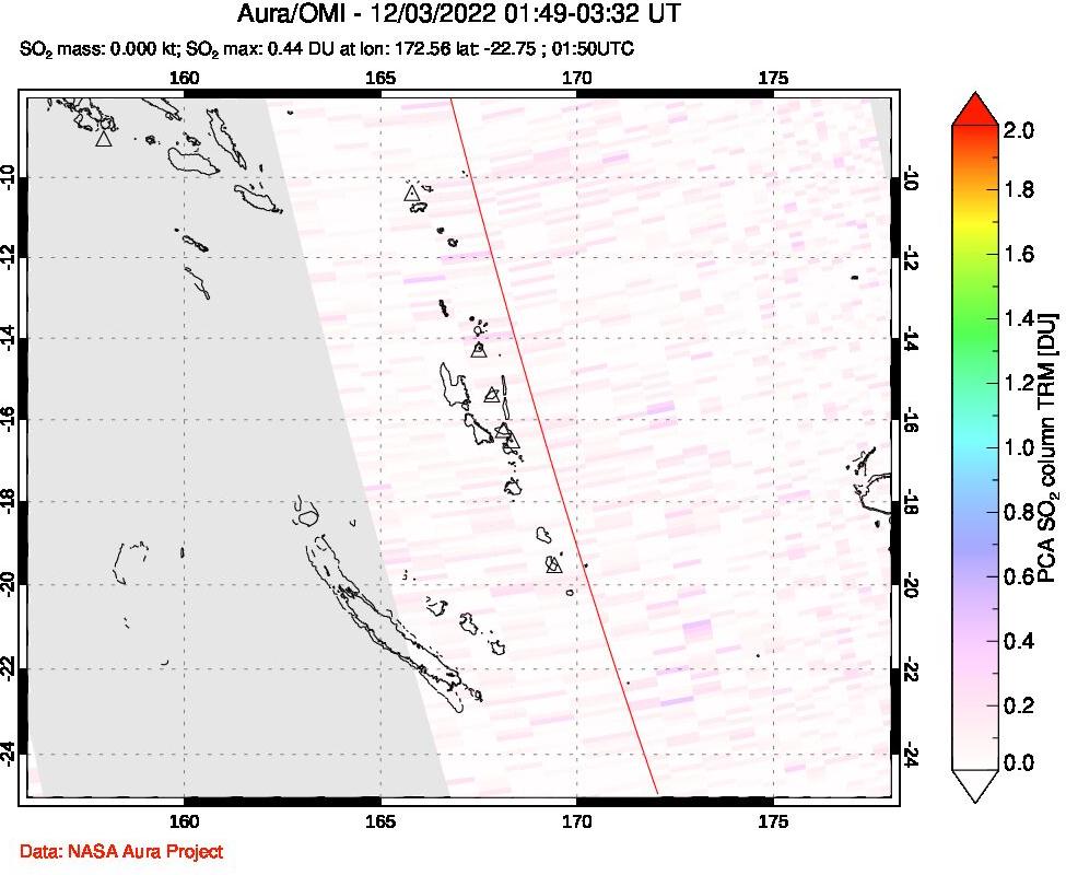 A sulfur dioxide image over Vanuatu, South Pacific on Dec 03, 2022.