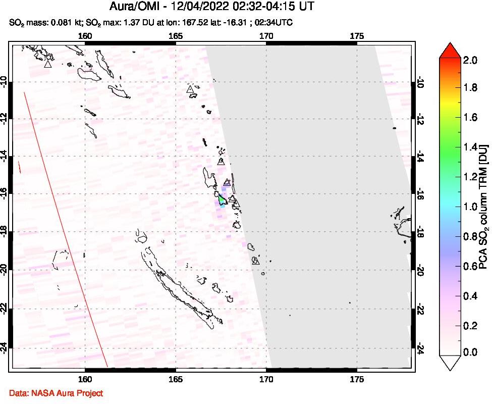 A sulfur dioxide image over Vanuatu, South Pacific on Dec 04, 2022.