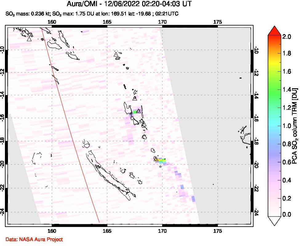 A sulfur dioxide image over Vanuatu, South Pacific on Dec 06, 2022.