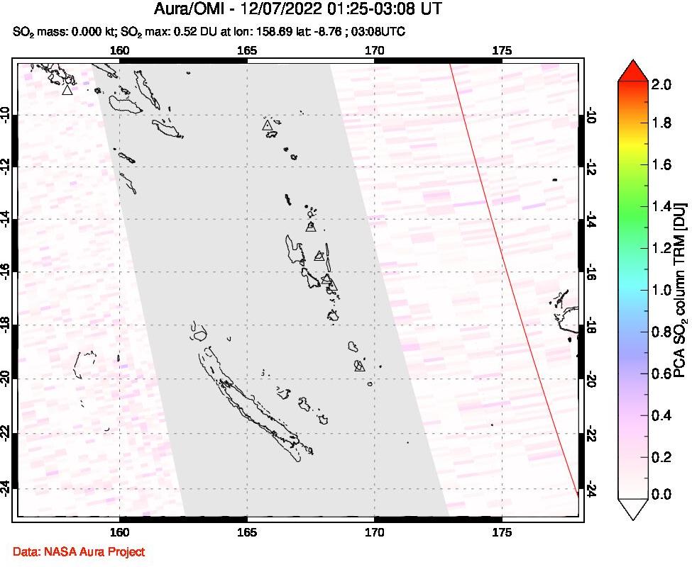 A sulfur dioxide image over Vanuatu, South Pacific on Dec 07, 2022.