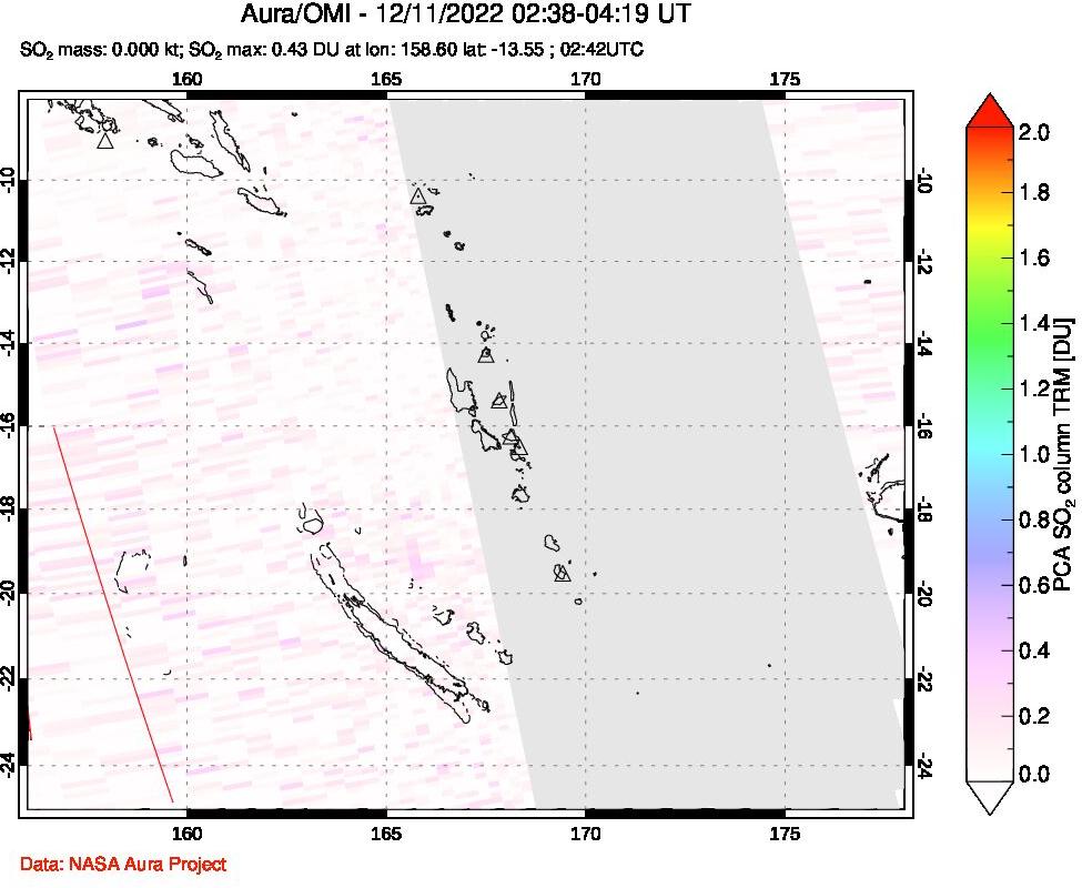 A sulfur dioxide image over Vanuatu, South Pacific on Dec 11, 2022.