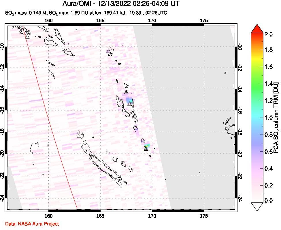 A sulfur dioxide image over Vanuatu, South Pacific on Dec 13, 2022.