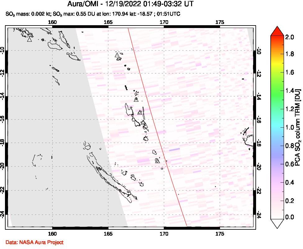 A sulfur dioxide image over Vanuatu, South Pacific on Dec 19, 2022.