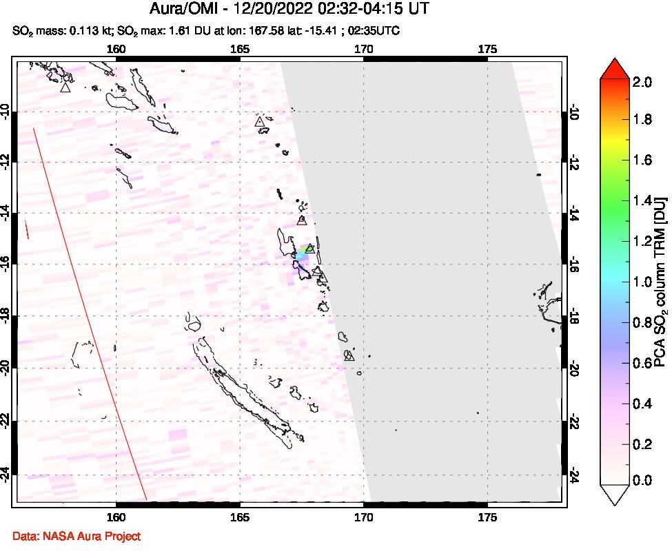 A sulfur dioxide image over Vanuatu, South Pacific on Dec 20, 2022.